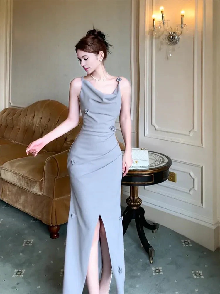 Wholesale Pretty Mermaid Straps Gray Satin Slit Long Prom Dresses Evening Dress formal wear dresses
